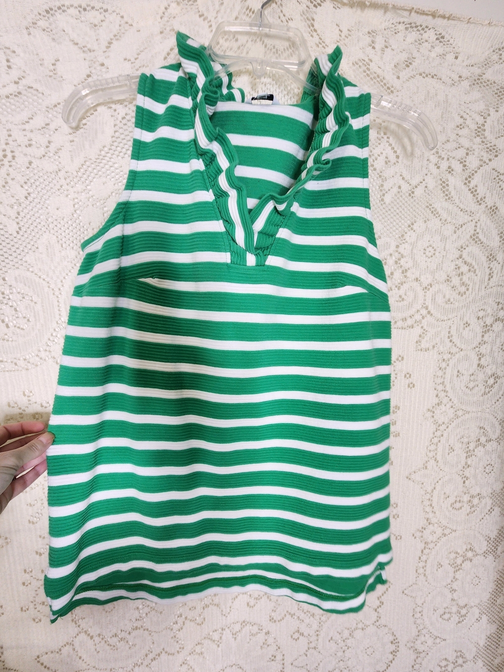 crown & ivy Green and White Striped Ruffle V-Neck Tank